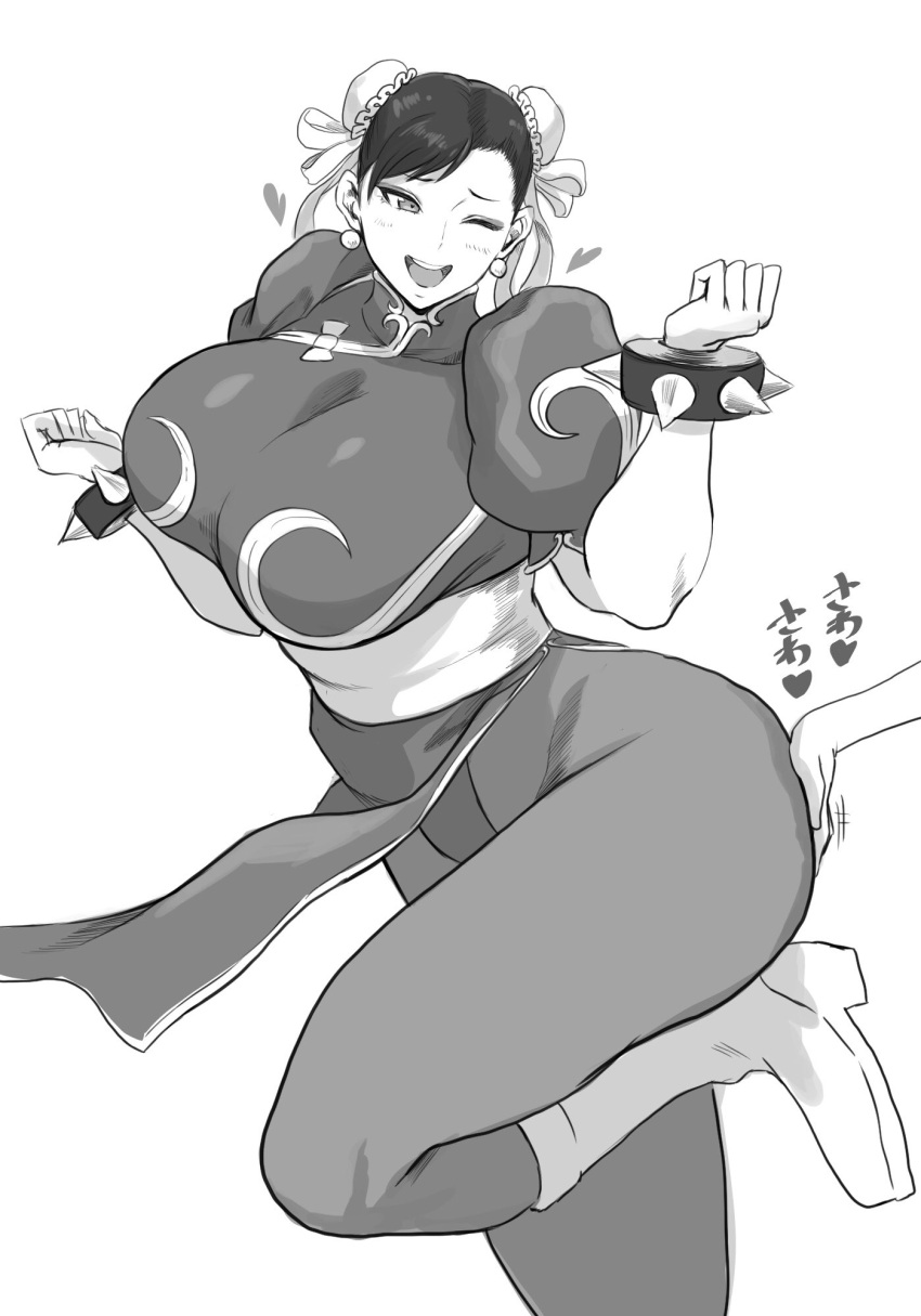 1girls chun-li female female_focus fully_clothed hand_on_butt happy heart-shaped_pupils huge_breasts large_ass pantyhose shibusun spiked_bracelet straight_hair street_fighter