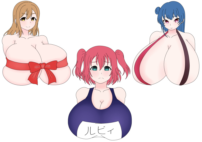 3girls alternate_breast_size blue_hair female female_only kunikida_hanamaru kurosawa_ruby large_breasts love_live! love_live!_sunshine!! multiple_girls orange_hair pink_hair ribbon smolfei swimsuit tsushima_yoshiko