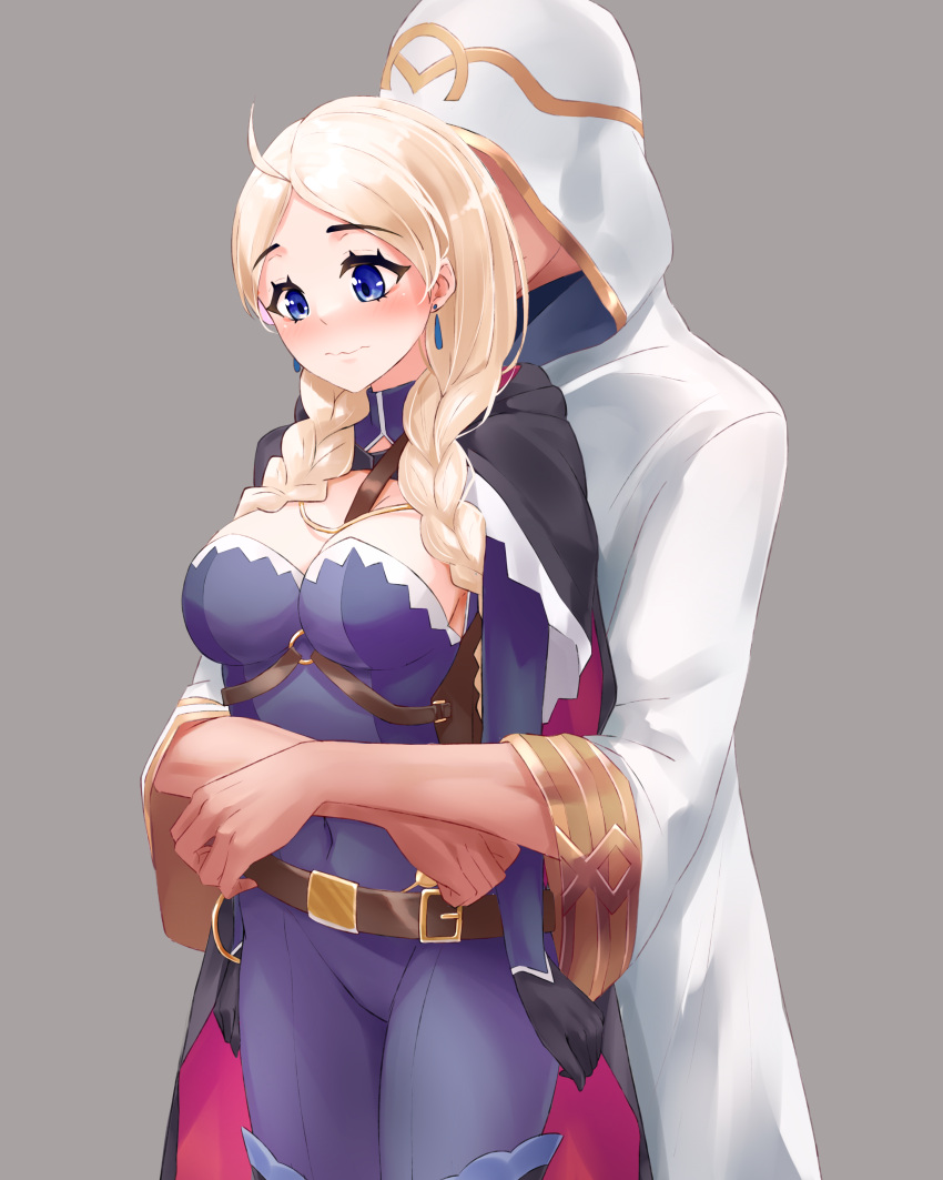 1boy 1girls absurdres ahoge alternate_costume black_gloves blonde_hair blue_bodysuit blue_eyes blush bodysuit braid breasts cape chains chest_harness cleavage closed_mouth commission couple covered_navel crystal_earrings earrings faceless faceless_male female female_focus fire_emblem fire_emblem_fates fire_emblem_heroes gloves gold_chain harness highres hood hooded_cape hug hug_from_behind jewelry kiran_(fire_emblem) kiran_(fire_emblem)_(male) kiran_(male)_(fire_emblem) leather_belt long_hair low_twin_braids male medium_breasts mi_nyawn3 nina_(fire_emblem) nina_(thief)_(fire_emblem) nintendo non-web_source o-ring official_alternate_costume parted_bangs skin_tight solo_focus straight turtleneck twin_braids two-tone_cape