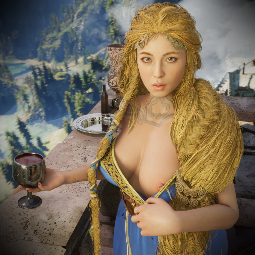 1girls 3d 3d_(artwork) aesir_(norse_mythology) azzat belt big_nipples blonde_female blonde_hair blue_clothing blue_dress blue_eyes braid braided_hair breasts clothed clothed_female dress female female_focus female_only flashing front_view god_of_war god_of_war_ragnarok goddess long_hair looking_at_viewer mature mature_female mature_woman milf mother mythology nipples norse_mythology outdoors pinup santa_monica_studio sif_(god_of_war) solo solo_female sony_corporation sony_interactive_entertainment tattoo tattoos wine wine_bottle yellow_hair