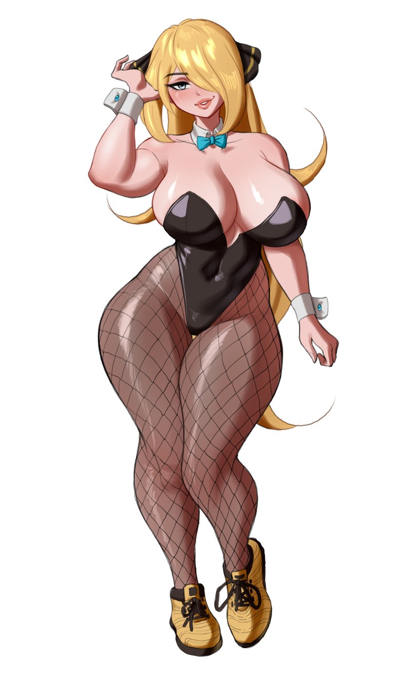 big_breasts bunnysuit busty cleavage clothed clothed_female clothing cynthia_(pokemon) jiuukek pokemon wide_hips