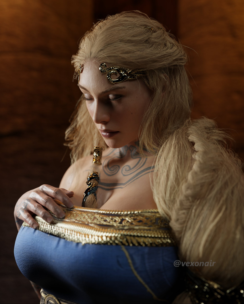 1girls 3d 3d_(artwork) aesir_(norse_mythology) big_breasts blonde_female blonde_hair blue_clothing blue_dress blue_eyes braid braided_hair breasts cleavage closed_eyes clothed clothed_female curvaceous curvy curvy_body curvy_female curvy_figure female female_focus female_only femshoptop front_view god_of_war god_of_war_ragnarok goddess hand_on_breast indoors long_hair mature mature_female milf mother mythology no_bra norse_mythology pinup santa_monica_studio side_view sif_(god_of_war) solo solo_female sony_corporation sony_interactive_entertainment tattoo tattooed_arm tattoos twitter_username vexonair voluptuous