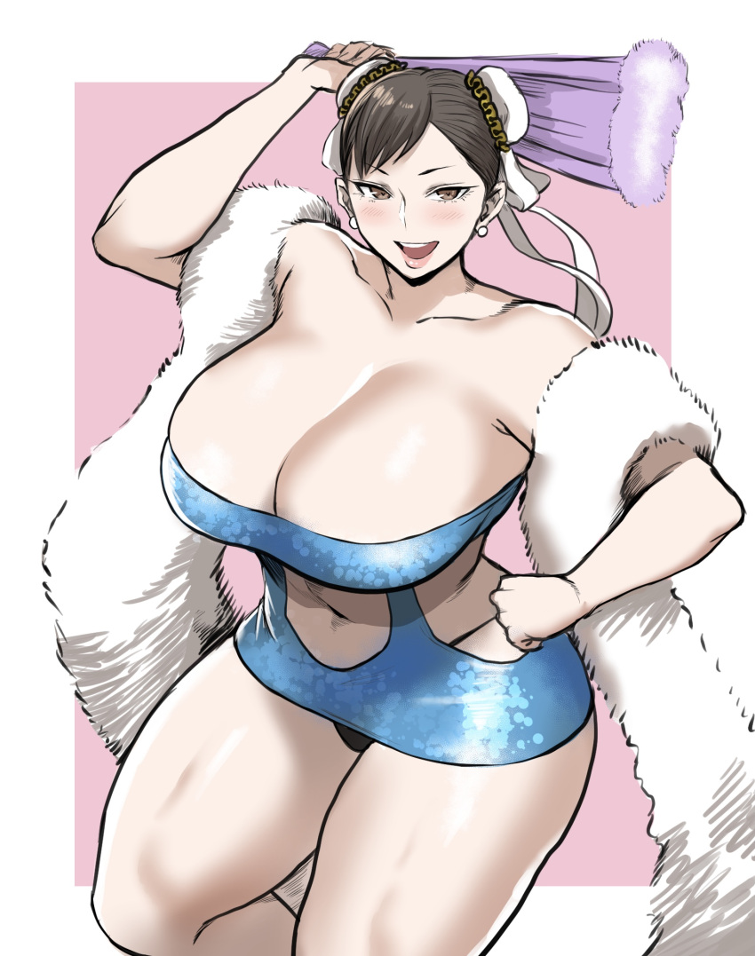 1girls brown_eyes chun-li cleavage curvaceous double_bun fur huge_breasts mature_female milf shibusun solo straight_hair street_fighter thick_thighs voluptuous wide_hips