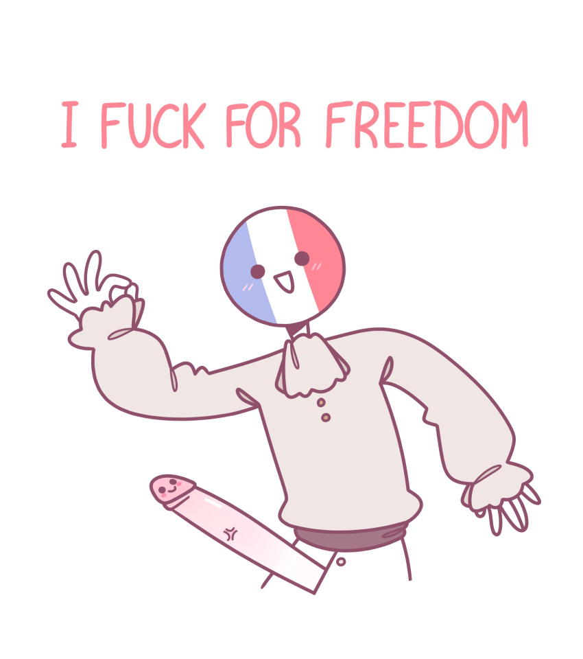 1boy countryhumans cravat english_text erection france_(countryhumans) french french_flag happy lemonpy long_penis male male_only ok_sign penis penis_out penis_with_face shitpost simple_background white_background