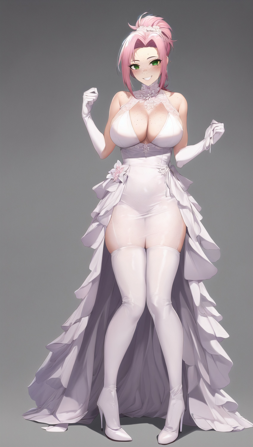 1girls 2023 ai_generated ai_hands anime_nose blush bride freckles gloves green_eyes high_heel_boots high_heels lace_gloves long_gloves matalica naruto naruto_(series) naruto_shippuden pink_hair pinup ponytail sakura_haruno smiling wedding_dress