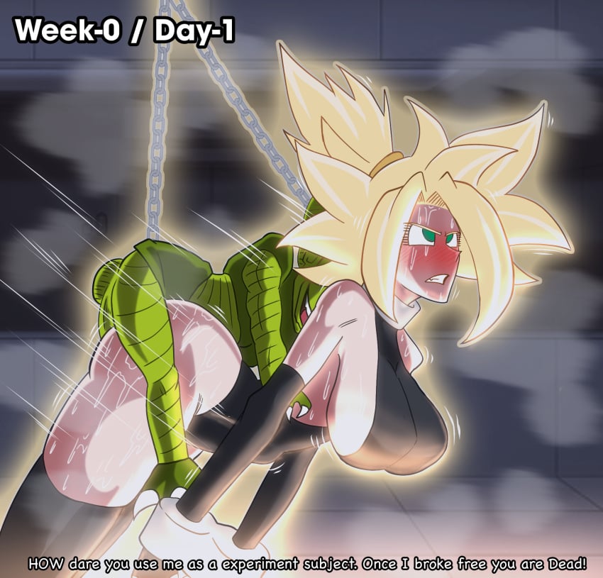 angry_face black_bodysuit bodysuit chained collar defeated defeated_heroine dragon_ball dragon_ball_super dragon_ball_xenoverse female forced golden_hair larger_female larger_penetrated monster original_character penetration restrained saibaiman saiyan size_difference slave smaller_male super_saiyan super_saiyan_2