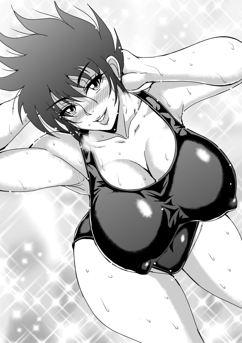 cleavage erect_nipples_under_clothes honoo_no_toukyuuji:_dodge_danpei ichigeki_haruka large_breasts looking_at_viewer mature mifune_seijirou spiky_hair swimsuit voluptuous