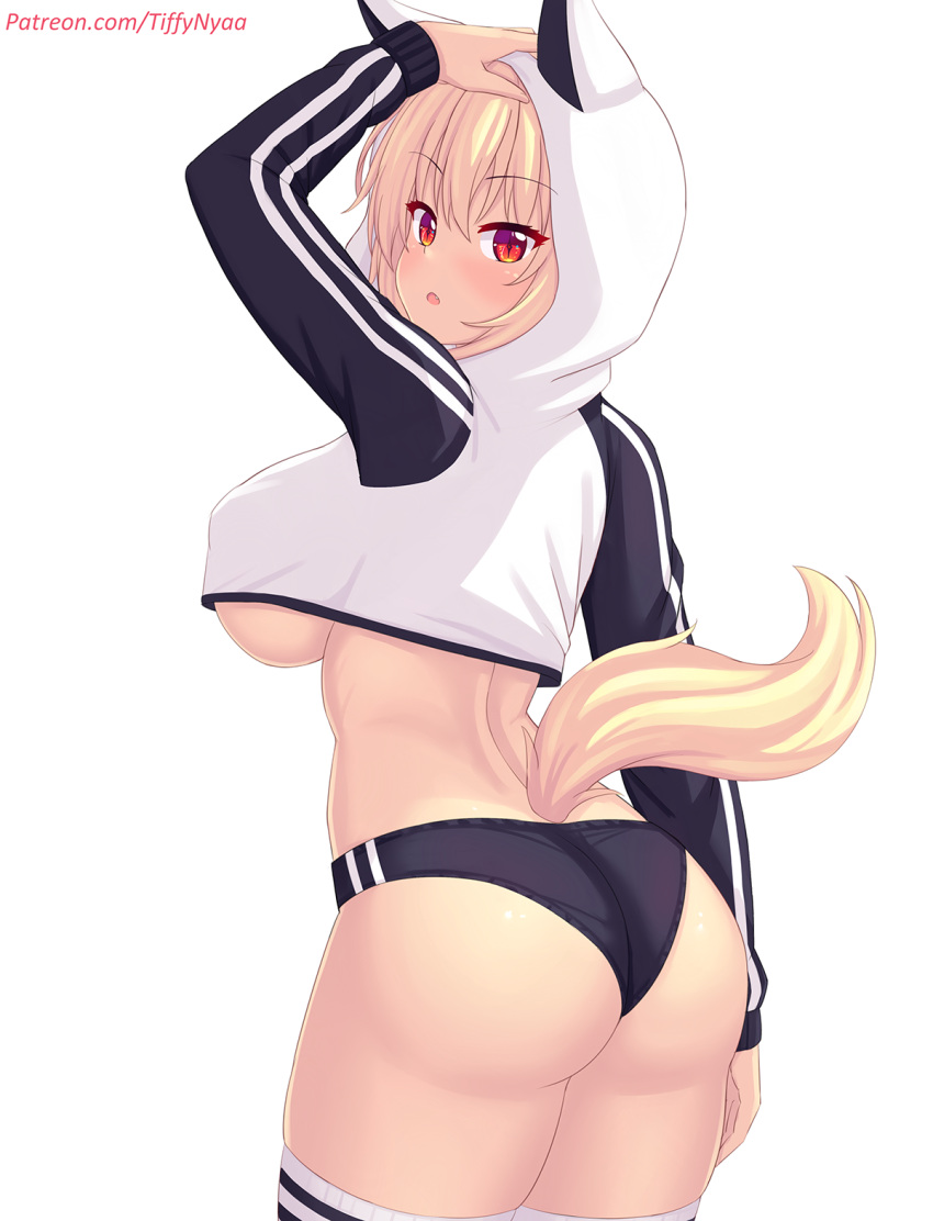 animal_ears animal_tail ass ass buruma cat_ears cat_tail catgirl fastrunner2024 hoodie looking_at_viewer nottytiffy thighhighs tiffy tiffy_(nottytiffy) tiffynyaa underboob