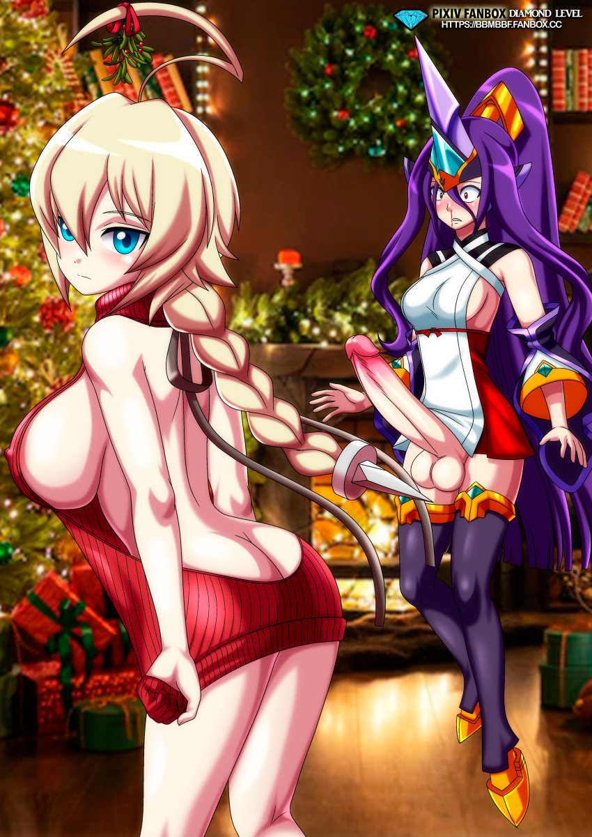 1futa 1girls ahoge ass ass_cleavage balls bbmbbf big_breasts blazblue blonde_hair bottomless breasts butt_crack christmas clothed clothing diamond_level duo erection es_(xblaze) fanservice female futanari hades_izanami huge_cock human humanoid humanoid_penis light-skinned_female light-skinned_futanari light_skin long_hair mistletoe mostly_clothed nosebleed palcomix palcomix_vip partially_clothed penis penis_out pietros_secret_club standing surprised sweater virgin_killer_sweater wide_eyed xblaze