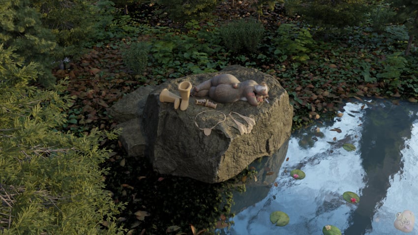 3d_(artwork) anthro argonian ass bethesda_softworks big_breasts bottomwear breasts clothing digital_media_(artwork) female forest grass hi_res horn justyschultz kia-ree_(ncs) kia-ree_(ncs_artist) leaf lily_pad nature nature_background nude plant pond reptile scales scalie sleeping solo solo_focus tail the_elder_scrolls topwear torn_clothing tree water