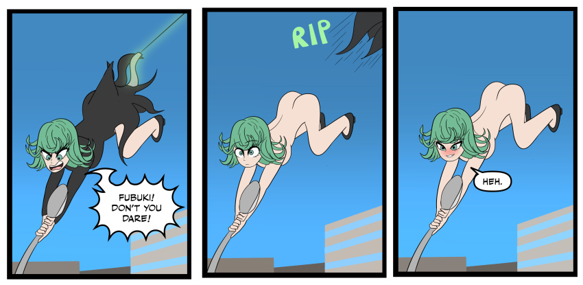 1girls ass blush clothes_removed comic embarrassed_nude_female english_text female female_only green_hair light-skinned_female naked naked_footwear nude nude_female one-punch_man solo spongebob_reference starrshineart tagme tatsumaki