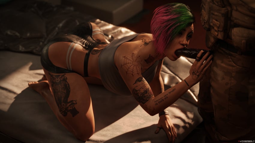 1boy 1girls 3d ass ass_focus blowjob butt_focus cd_projekt_red cyberbolt cyberpunk_2077 dark-skinned_male dark_skin interracial judy_alvarez light-skinned_female looking_at_partner sucking sucking_penis thick_thighs