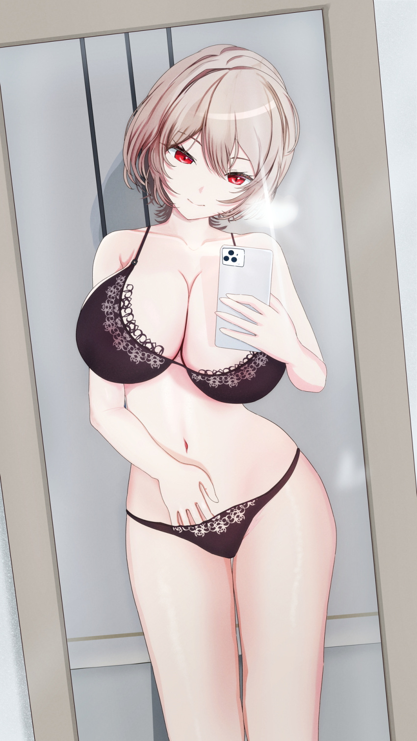 1girls bare_midriff bare_shoulders belly_button big_breasts black_bra black_lingerie black_panties black_underwear cleavage exposed_shoulders exposed_torso furen_e_lustario hand_under_clothes hand_under_panties holding_object holding_phone huge_breasts large_breasts lephi light_brown_hair lingerie midriff mirror mirror_reflection mirror_selfie navel nijisanji phone red_eyes short_hair smile solo solo_female solo_focus taking_picture taking_selfie underwear virtual_youtuber