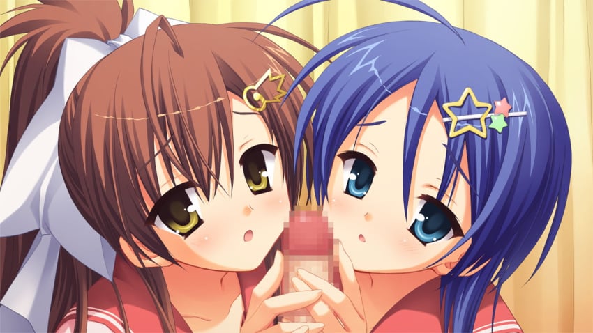 blue_hair brown_hair censored close game_cg kobuichi penis tenshinranman tokusa_honoka yamabuki_aoi