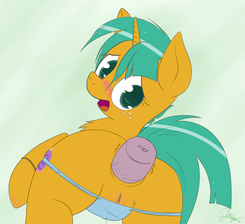 2013 anus rule_63 dashboom dildo equine female friendship_is_magic green_hair hair hooves horn horse my_little_pony panties pony pussy sex_toy snails_(mlp) underwear unicorn yellow_skin