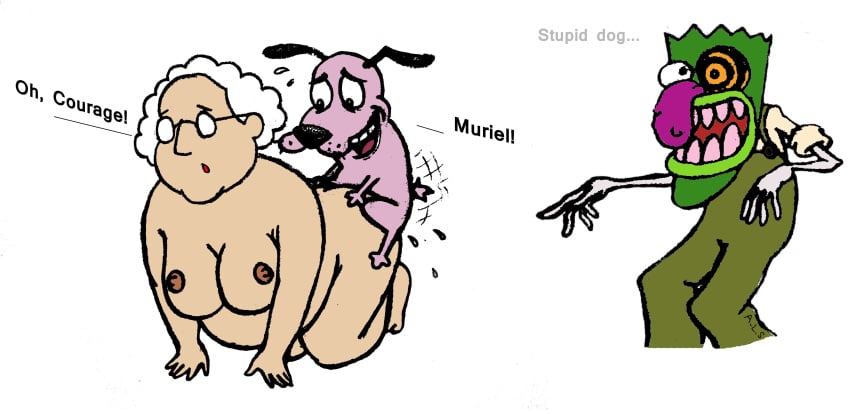 breasts canine courage courage_the_cowardly_dog dialogue eustace_bagge fat female feral human interspecies male mask more_to_love muriel_bagge nipples nude straight zoophilia