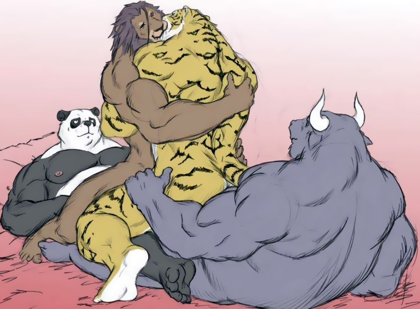 anthro bomb_(artist) chubby fat feline fur furry gay lion male muscles no_humans orgy ox panda tagme tiger