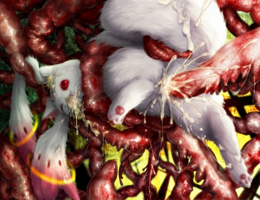 ambiguous_gender ambiguous_penetration bodily_fluids bound color cum cum_in_ear cum_in_mouth cum_inside cum_on_tail cum_splatter digital_media_(artwork) feral feral_only fur genital_fluids incubator_(puella_magi) incubator_(species) inuboe kyubey kyuubee long_ears mahou_shoujo_madoka_magica no_humans one_eye_closed pawpads paws penetration puella_magi_madoka_magica rape realistic red_eyes red_sclera sex tail tail_grab tentacle uncensored white_fur