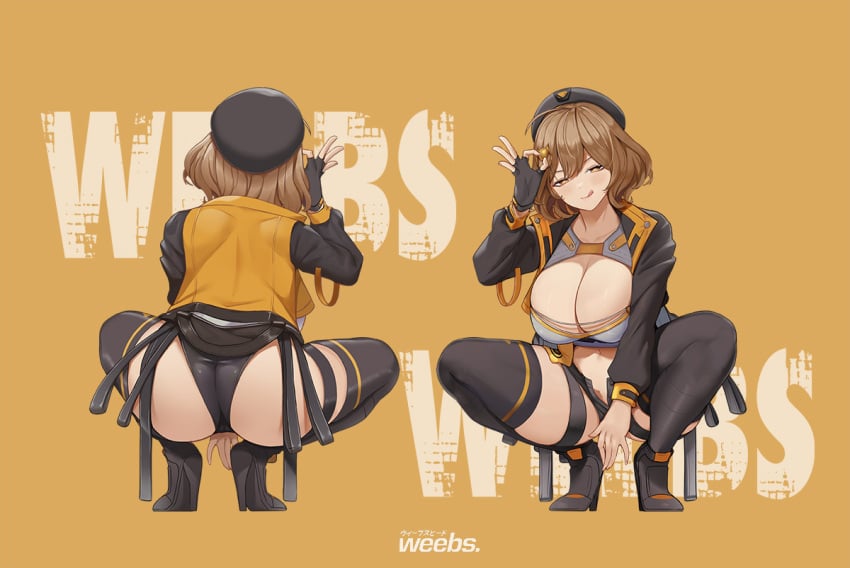 1girls anis_(nikke) ass beret black_gloves black_jacket black_legwear black_shorts blonde_hair bob_cut breasts cleavage crop_top female fingerless_gloves gloves goddess_of_victory:_nikke high_heels large_breasts looking_at_viewer medium_hair military navel orange_eyes smile spiz straps thigh_straps thighhighs thighs tongue_out