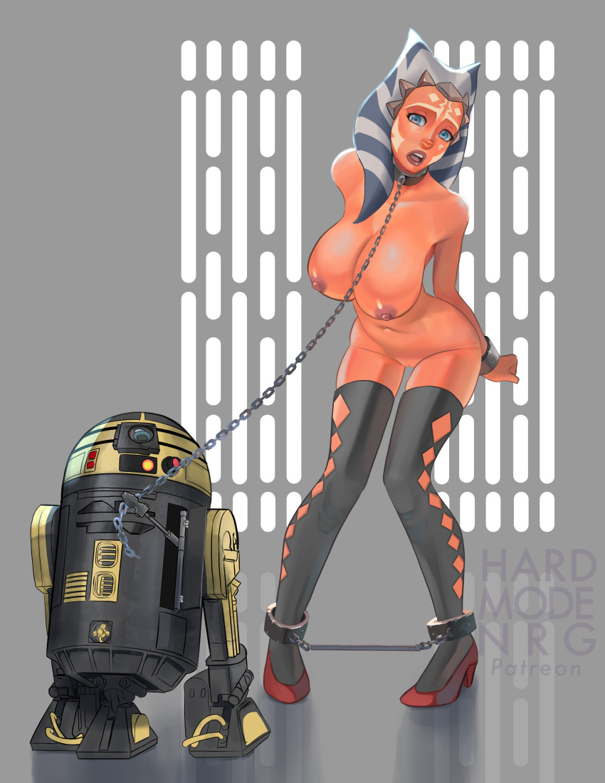 1girls ahsoka_tano alternate_breast_size astromech_droid big_breasts bitch_taken_for_walk bondage breasts chains collar droid female femsub hardmodenrg leash metal_bondage metal_collar r3-s6 robot slave spreader_bar star_wars the_clone_wars:_season_four togruta