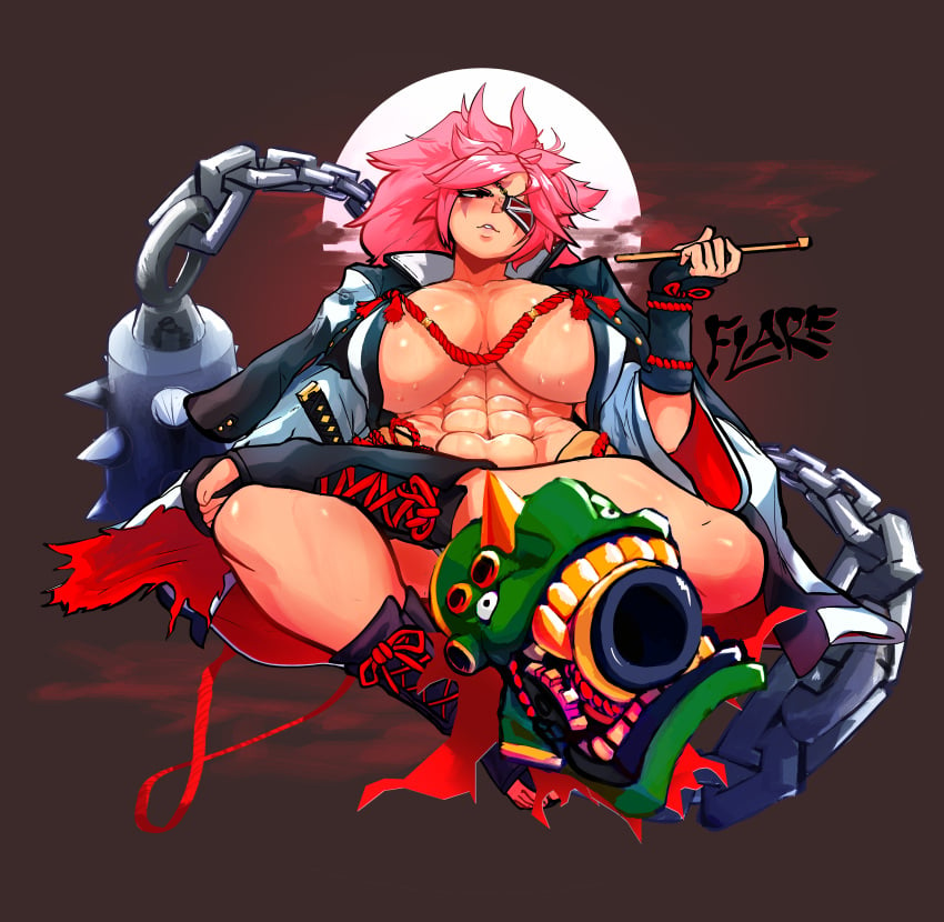 abs baiken eyepatch guilty_gear huge_breasts mcflarey muscular_female pink_hair sitting smoking sweat tagme