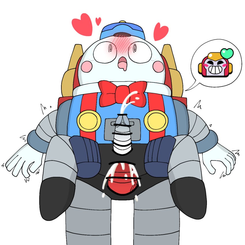 blush_stickers brawl_stars censor_bar censored cum gay heart hearts legs_held_open lou_(brawl_stars) non-human reverse_stand_and_carry_position reverse_suspended_congress robot robot_boy spread_legs surge_(brawl_stars) white_background yaoi