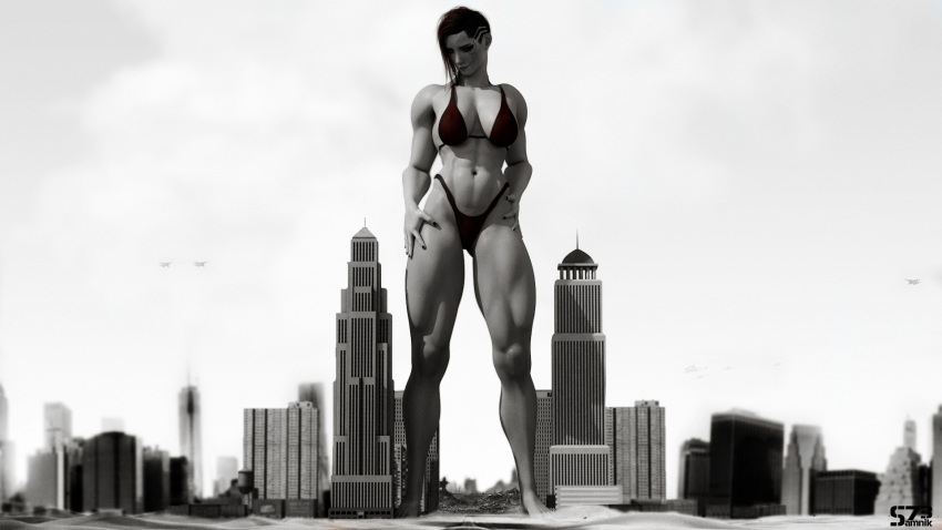 1girls 3d abs bikini cd_projekt_red city cyberpunk_2077 destruction female female_only giantess muscular_female muscular_thighs panties samnik73 solo thick_thighs v_(cyberpunk_2077) valerie_(cyberpunk_2077)