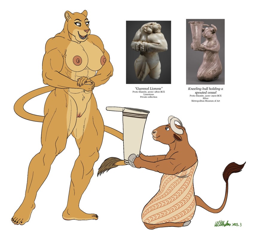 2023 5_fingers abs anthro areola big_breasts bovid bovine breasts brown_body brown_fur cattle claws clothed clothed/nude clothed_male_nude_female clothing duo felid female finger_claws fingers fur genitals guennol_lioness hi_res lion male male/female mammal muscular muscular_anthro muscular_female navel nipples nude ohs688 open_mouth open_smile pantherine pussy reference_image robe signature smile standing tan_body tan_fur toe_claws