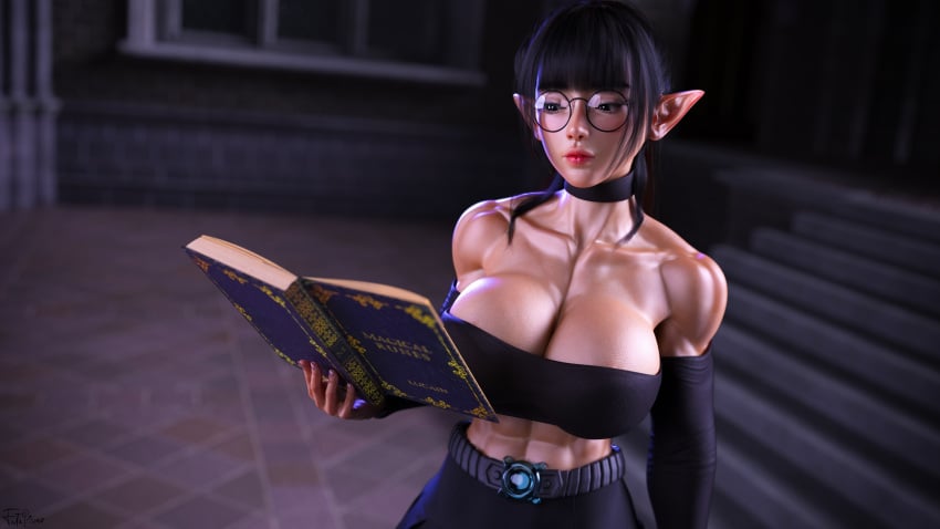 1girls 3d abs book breasts cleavage clothed collarbone elf female futaprisoner girl glasses huge_breasts large_breasts lila muscular muscular_female neck shoulders uniform