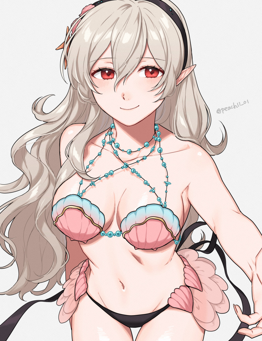 1girls bare_arms bare_shoulders bikini black_hairband breasts cleavage commentary corrin_(female)_(fire_emblem) corrin_(fire_emblem) corrin_(fire_emblem)_(female) cowboy_shot female female_only fire_emblem fire_emblem_cipher fire_emblem_fates grey_background grey_hair groin hair_between_eyes hairband highres large_breasts long_hair looking_at_viewer navel nintendo official_alternate_costume peach11_01 pink_bikini pointy_ears red_eyes shell shell_bikini simple_background smile solo standing stomach swimsuit very_long_hair