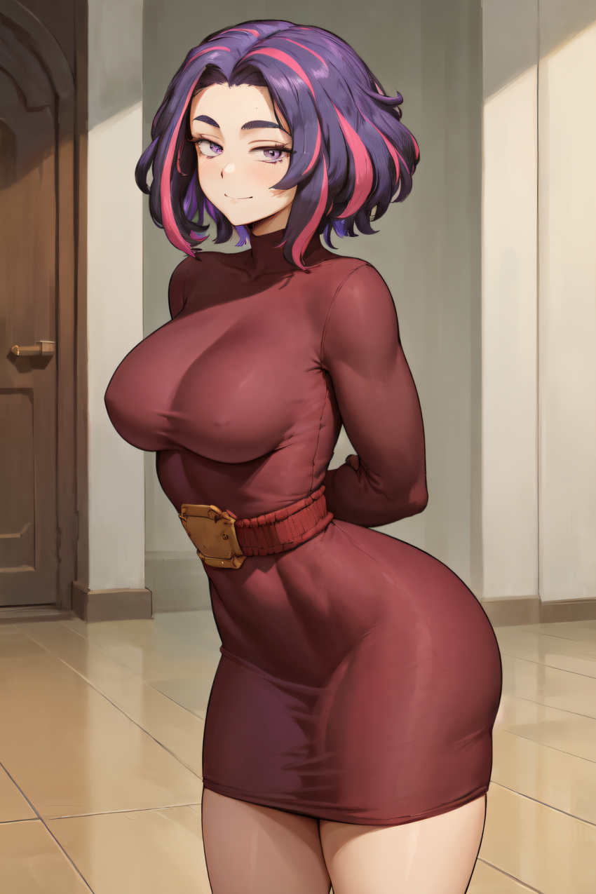 1girls ai_generated amiral_ai breasts commission female indoors inframammary_clothing_crease kaina_tsutsumi lady_nagant large_breasts light-skinned_female light_skin looking_at_viewer medium_hair my_hero_academia purple_eyes purple_hair skin_tight thighs tight_clothing