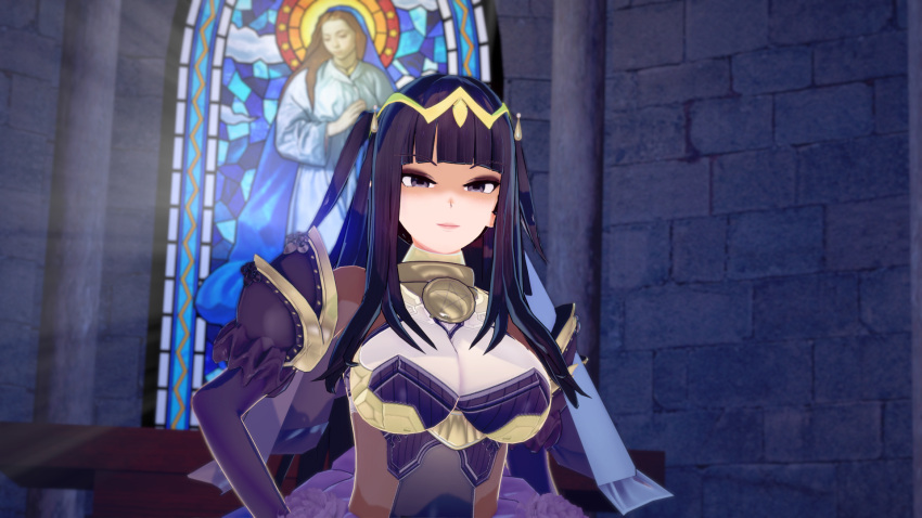 1girls 3d alternate_costume bangs black_hair bodystocking breasts bride church cleavage female female_only fire_emblem fire_emblem_awakening fire_emblem_heroes grey_eyes indoors large_breasts long_hair looking_at_viewer mrqwerty nintendo official_alternate_costume smile solo tharja_(fire_emblem) wedding_dress