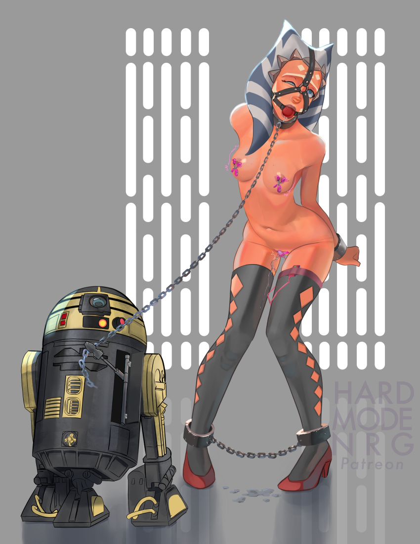 1girls ahsoka_tano astromech_droid ball_gag bitch_taken_for_walk bondage breasts chains collar droid female gag hardmodenrg harness_gag leash metal_collar pussy_juice r3-s6 robot slave star_wars the_clone_wars:_season_four togruta vibrator