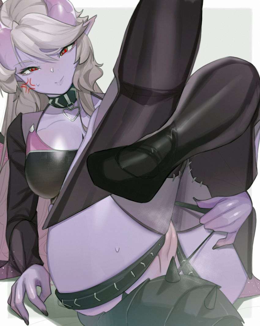 1girls anger_vein angry big_breasts birb_(vtuber) black_nails clothing female female_only grey_hair horns indie_virtual_youtuber presenting_pussy purple-skinned_female purple_skin red_eyes solo spiky_tail tail thnkutvbii virtual_youtuber