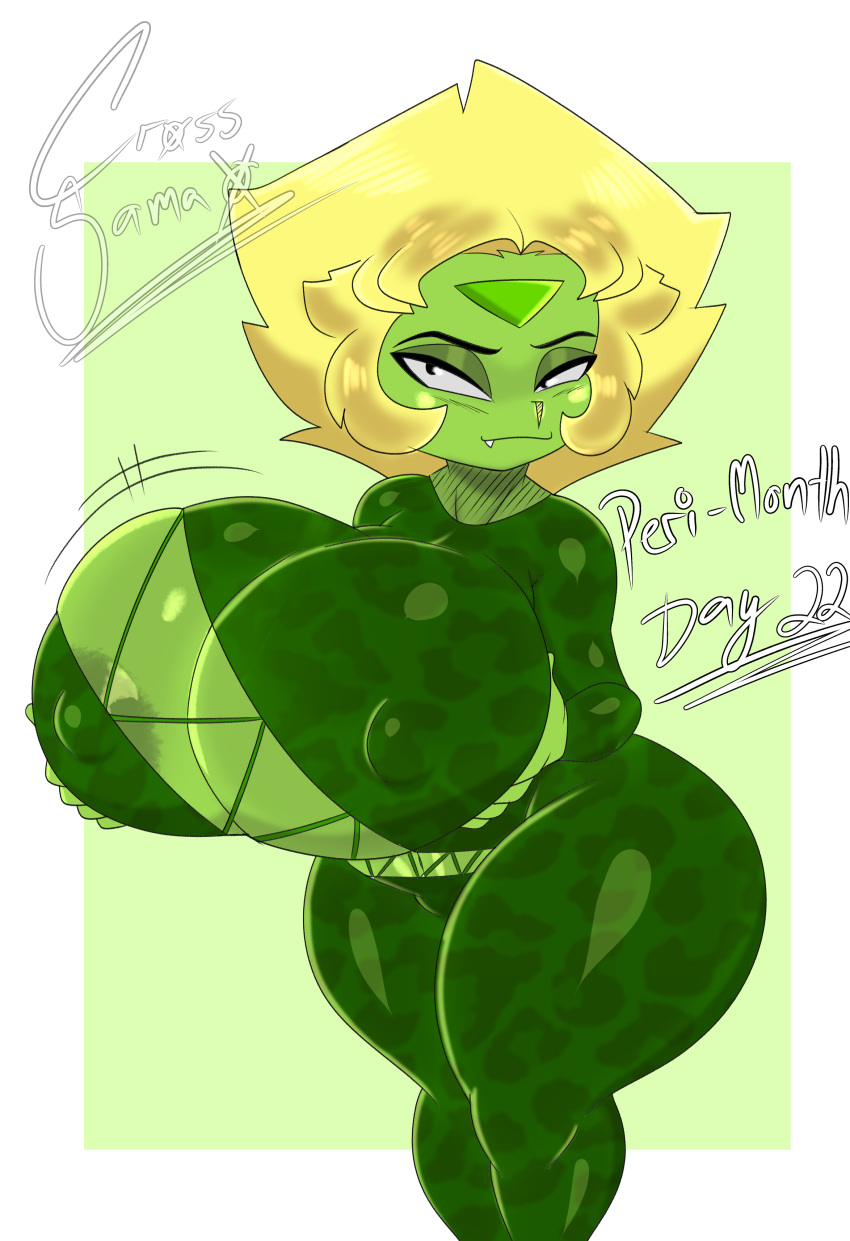 1girls blonde_hair breasts busty clothing cross_samax female female_only gem_(species) gigantic_breasts green_skin holding_breasts holding_up_breasts jumpsuit looking_at_viewer peridot_(steven_universe) shortstack solo steven_universe string_jumpsuit thick_thighs wide_hips