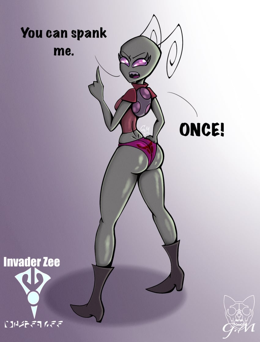 antennae ass big_butt big_thighs female female_irken gatojack3 gradient_background green_body green_skin invader_zee invader_zim irken panties pink_eyes pink_panties purple_background small_breasts spankable spanked spanked_ass spanked_booty spanked_butt spanking white_background