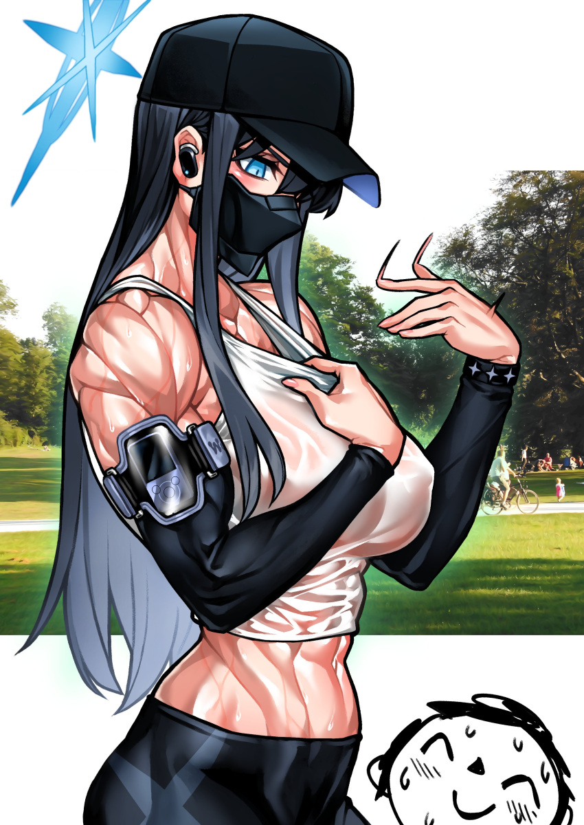 abs artist_request biceps big_breasts blue_archive blue_eyes dark_hair halo hat long_hair mask masked_female muscular muscular_arms muscular_female pale-skinned_female pale_skin saori_(blue_archive) sweat sweaty tank_top yuto_noirm08