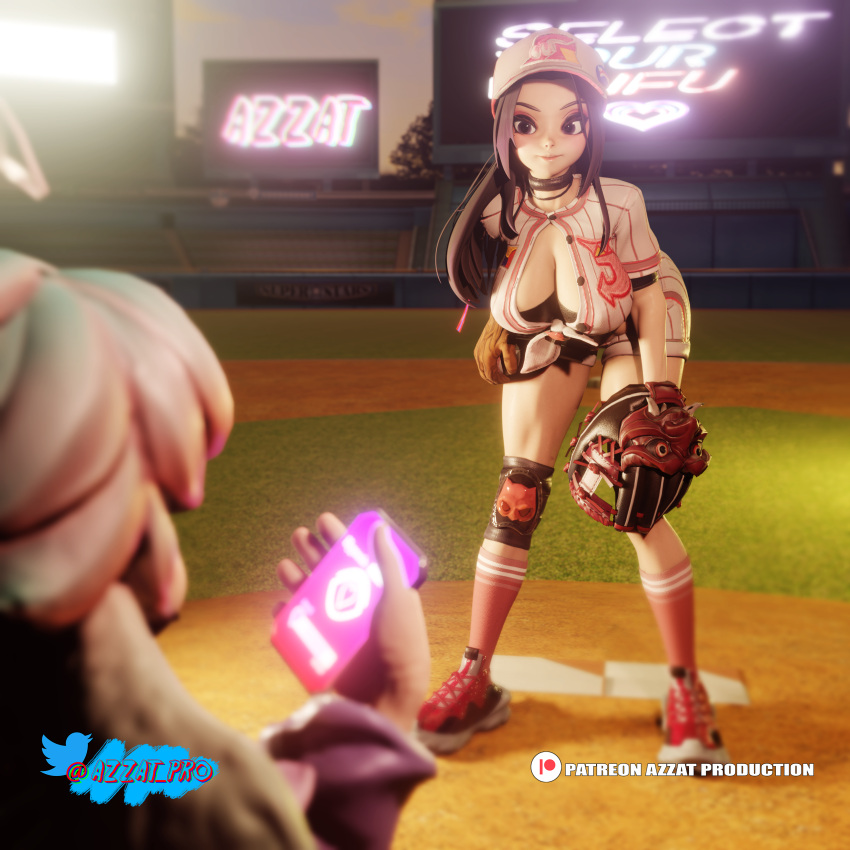 1boy 1girls 3d azzat baseball_cap baseball_glove baseball_stadium baseball_uniform big_breasts cellphone cleavage dislyte female jin-hee_(dislyte) large_breasts mind_control phone phone_screen q_(dislyte)