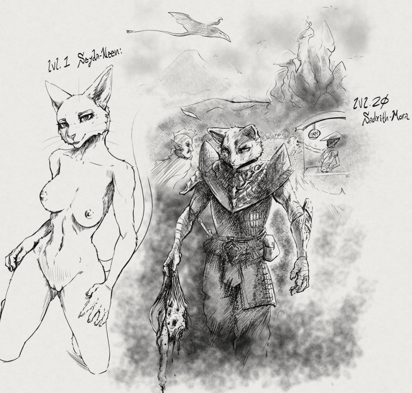 2023 anthro bethesda_softworks black_and_white breasts clothed clothing decapitation elf felid female female_focus genitals gore group hi_res humanoid katia_managan khajiit kneeling line_art looking_at_viewer male mammal monochrome nude prequel_adventure pussy sabrotiger severed_head solo_focus the_elder_scrolls webcomic whiskers