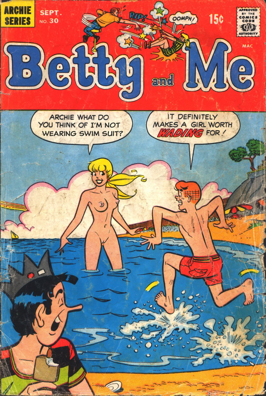 archie_andrews archie_comics areolae beach betty_and_veronica betty_cooper blonde_hair breasts clothed clothed_male_nude_female comic_cover female human jughead_jones male moriartyhide navel nipples nude nude_female pale_skin public pussy shaved_pussy water