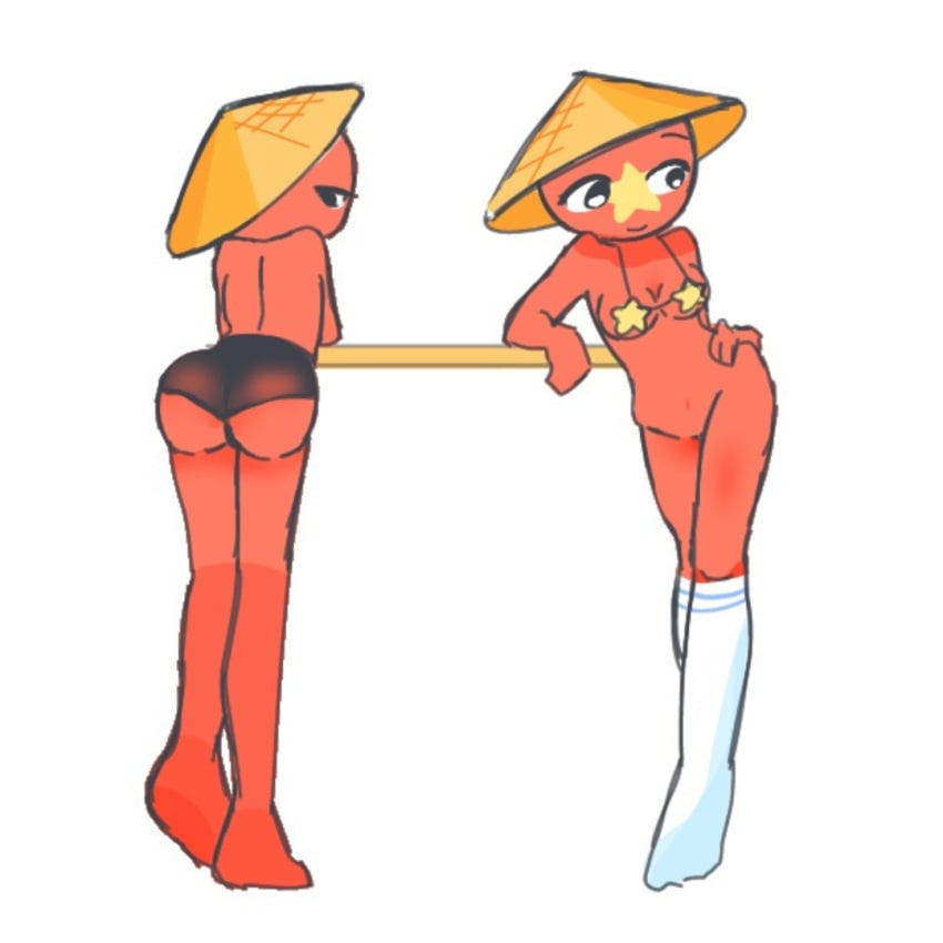 bikini black_panties bra cleverpoint clothing conical_hat countryhumans countryhumans_girl female hat leaning_on_object panties rice_hat simple_background socks thighhighs vietnam_(countryhumans) white_background