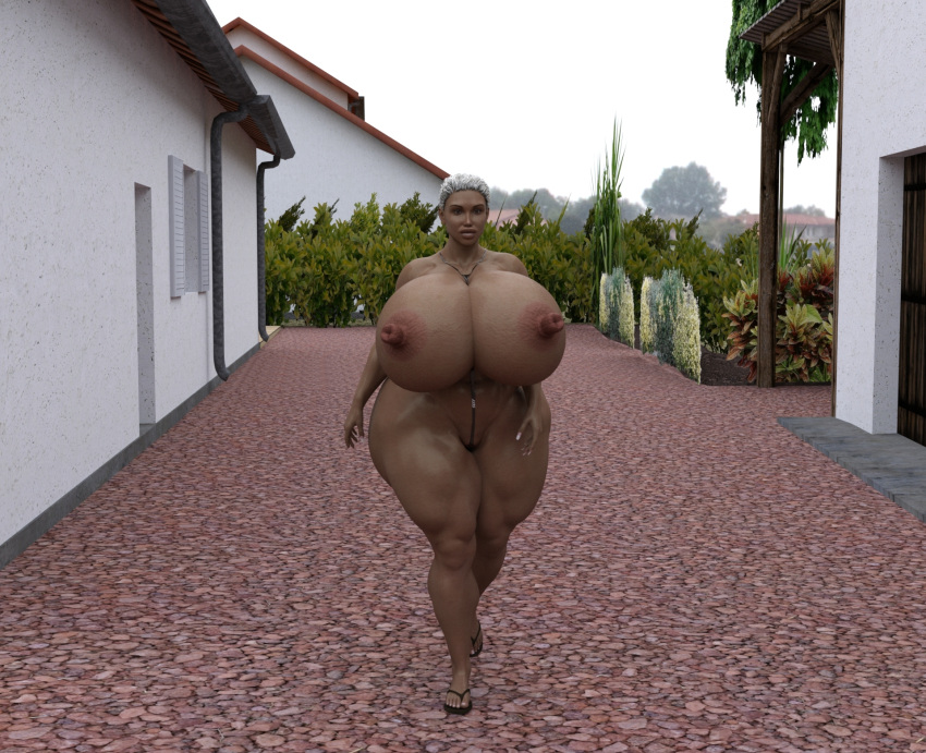 3d big_ass big_breasts bimbo clothing dark-skinned_female dzcelestial3d erect_nipples escape exhibitionism huge_breasts hyper hyper_lips hyper_nipples light lips long_nails milf nipples outside partially_clothed revealing_clothes short_hair street sunlight walking wet white_hair