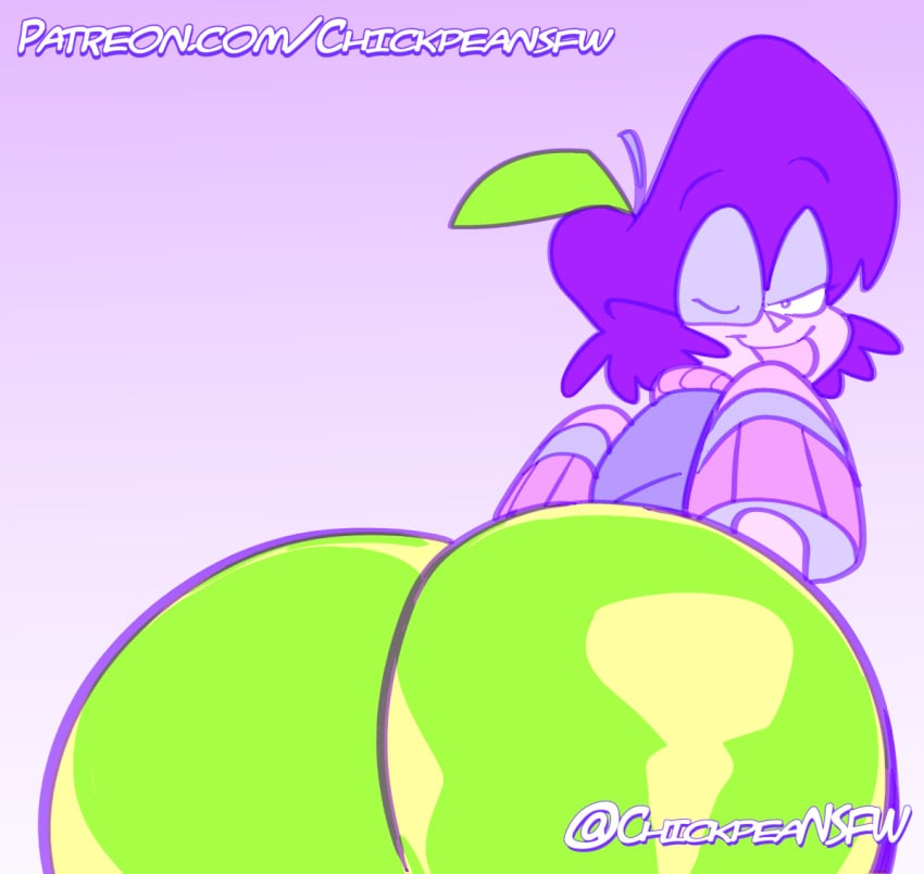 2023 apple_butt ass big_ass big_butt cartoon_network chickpea colored fat_ass female glasses huge_ass huge_butt looking_at_viewer looking_over_shoulder miss_quantum ok_k.o.!_let's_be_heroes pink_skin presenting_hindquarters purple_background purple_hair sfw short_hair simple_background teacher tongue_out wink winking_at_viewer