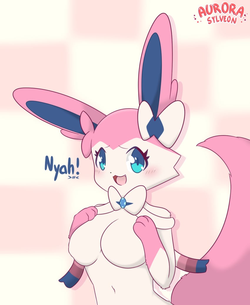 >_< 2023 3_fingers adorable anthro anthrofied artist_logo artist_name aurora_sylveon aurorasylveon big_ears big_eyes big_tail blue_ears blue_eyes blue_ribbon blush blush_lines bow_(feature) bow_accessory bow_ribbon breasts checkerboard checkered_background closed_eyes cute cute_face drop_shadow ear_tuft eeveelution emoticon fan_character featureless_breasts felid feline female female_only fingers fluffy fluffy_tail fur generation_6_pokemon half-length_portrait hand_on_breast hand_on_own_breast handwritten_text hi_res logo looking_at_viewer mammal multicolored_body multicolored_ears multicolored_fur navel neck_bow nintendo nude open_mouth pattern_background pink_body pink_breasts pink_ears pink_forearm pink_fur pink_head pink_ribbon pink_tail pokemon pokemon_(species) pokemorph portrait presenting presenting_breasts ribbons simple_background smile smiling_at_viewer solo solo_female sylveon tail text tuft two_tone_arms two_tone_body two_tone_ears two_tone_fur