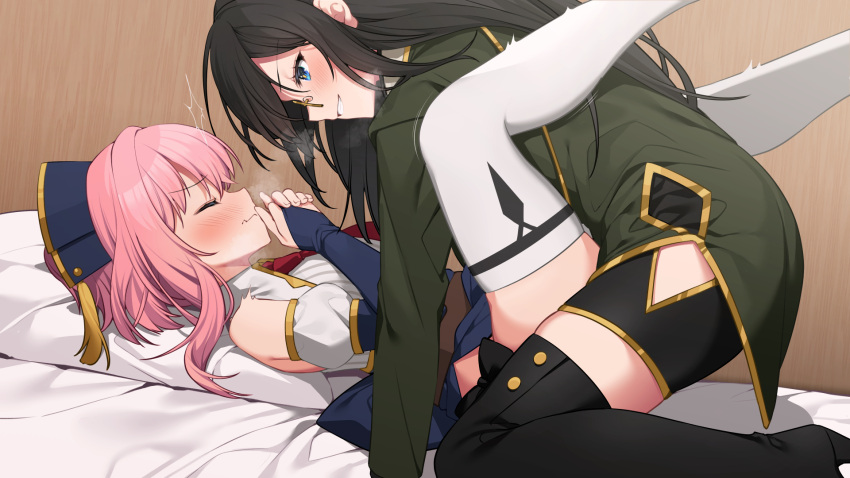 2girls bed black_hair blush clothing female female_only glasses hat high_heels humping implied_futanari implied_sex lapin_gris legs_up long_hair missionary_position original original_character pillow pink_hair shorts stockings teacher_and_student yuri