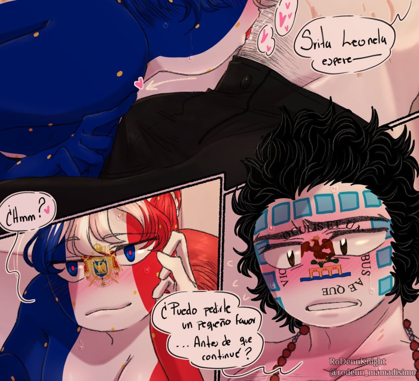 1boy 1futa clothing comic_page comic_panel countryhumans countryhumans_girl estandarte_de_morelos_(countryhumans) french_empire_(countryhumans) futanari heart male multicolored_body multicolored_hair multicolored_skin rodenn_mmdisimo spanish_text text