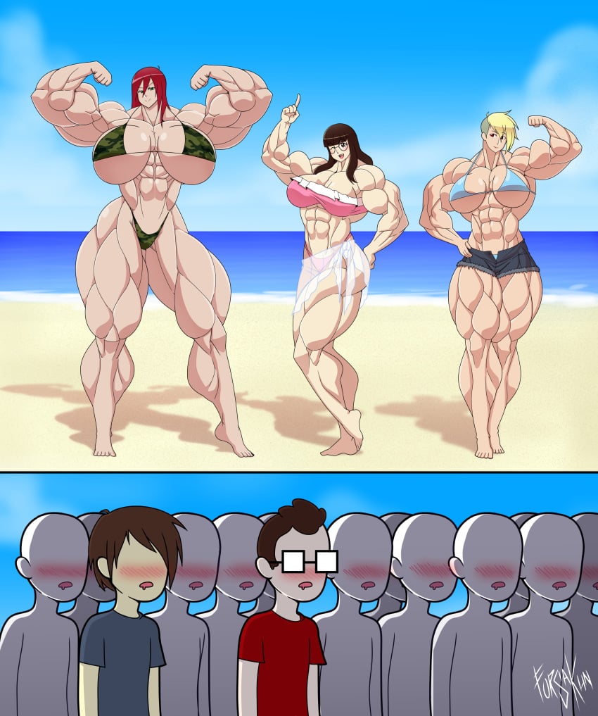 3girls beach big_breasts bikini camouflage dana_gully female flexing forsakun huge_breasts kasity_lee moira_ainsburg multiple_girls muscular_female muscular_legs thick_thighs