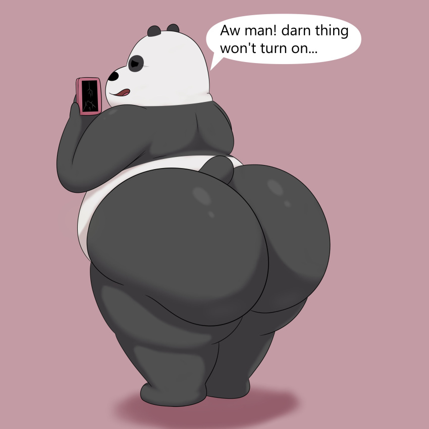 2020s 2023 absurd_res anthro ass bear belly big_butt bubble_butt cartoon_network cellphone colossalstars cracked_screen dialogue dot_eyes english_text giant_panda hi_res holding_object holding_phone huge_butt huge_thighs male male_only mammal narrowed_eyes nude open_mouth overweight overweight_anthro overweight_male panda_(wbb) phone pink_background rear_view screen shadow simple_background smartphone solo standing superchub text thick_thighs we_bare_bears