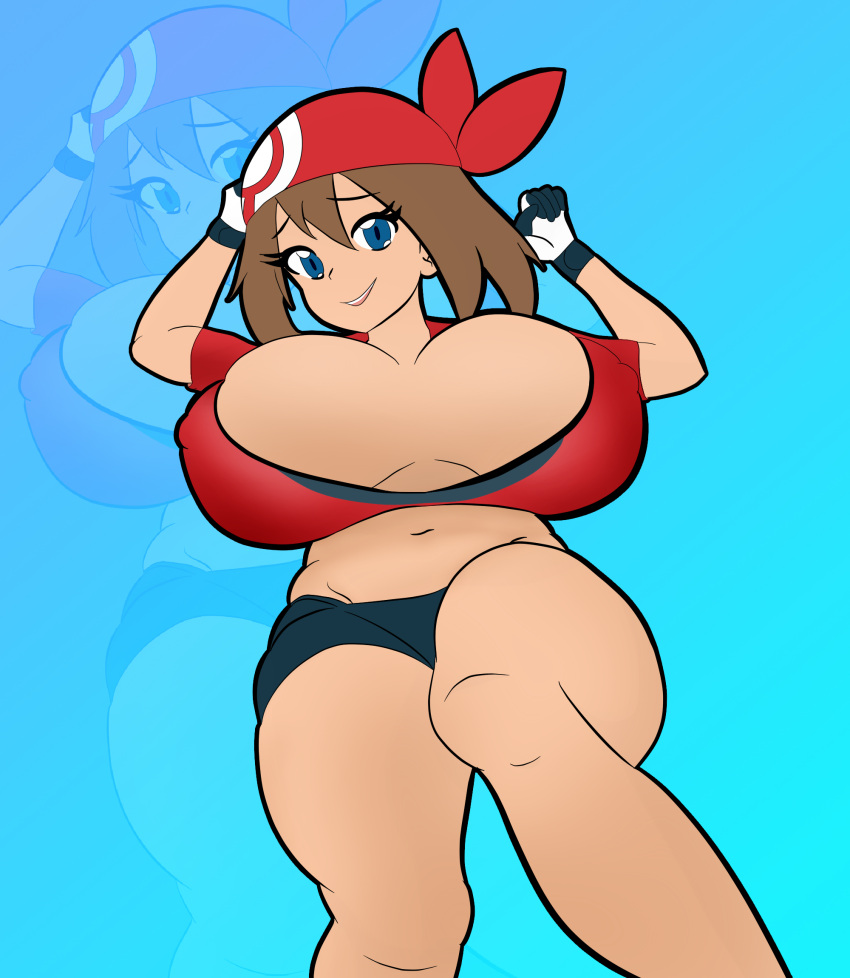 breasts_bigger_than_head huge_breasts may_(pokemon) mrschllyay pokemon red_clothing simple_background simple_shading smile smiling solo solo_female