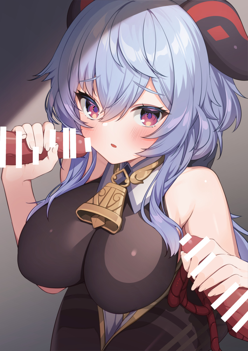 bell big_breasts blue_hair blush censor_bar censored chinese_clothes cowbell double_handjob ganyu_(genshin_impact) genshin_impact handjob horns kneeling lapin_gris looking_at_viewer penis purple_eyes